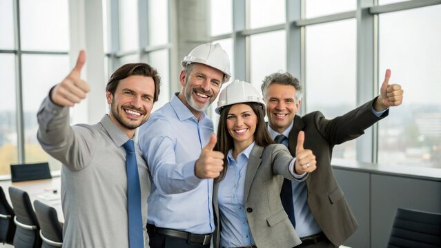A group of four professionals in hard hats smiles and gives thumbs up, showcasing teamwork and positivity in a modern office environment.