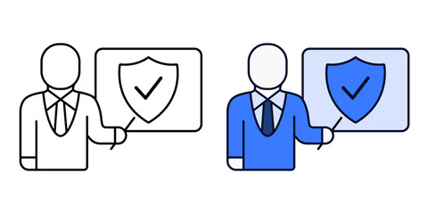 Security awareness training icon showing professional figure presenting shield with check mark, in outline and color styles.