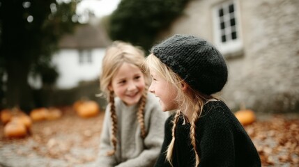 Fototapeta premium Happy Girls Autumn Fun Pumpkins Fall Leaves Knitwear