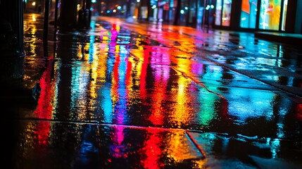 Vibrant City Night Reflections with Kaleidoscope of Colors on Wet Pavement for modern contemporary nightlife perspective concept.