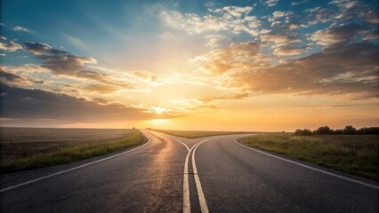A serene landscape featuring a fork in the road at sunset, with vibrant clouds and open fields, symbolizing choices and new beginnings.