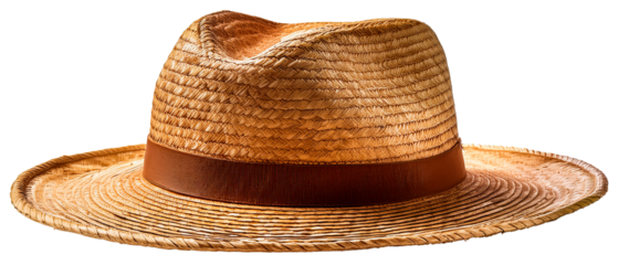 flat brim straw hat with brown band isolated on white background