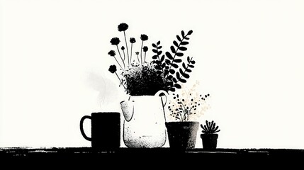 Stylish Black White Potted Plants Home Decor Coffee Mug Still Life