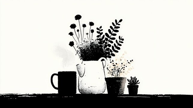 Stylish Black   White Potted Plants  Home Decor  Coffee Mug Still Life
