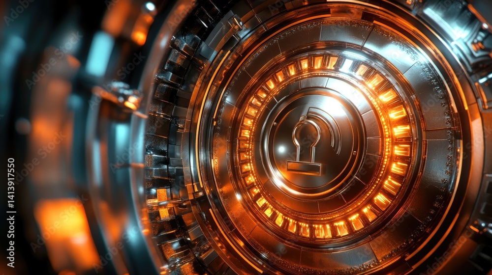 Poster abstract data vault secured with multi-layer encryption and authentication padlock graphic