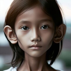 A digitally altered portrait of a young child with exaggerated ears and facial features. The image captures a surreal and striking aesthetic, evoking a sense of otherworldliness.