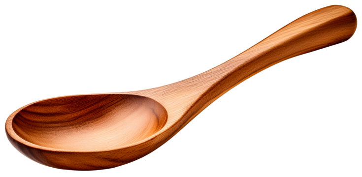 large soup wooden spoon with curve handle shape isolated on white background