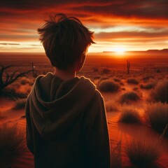 A boy stands in awe as he gazes at a fiery sunset over a vast desert landscape. The red and orange hues of the sky create a dramatic and contemplative atmosphere, with desert plants dotting the sandy