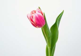 Obraz premium Single pink tulip with green leaves on a white background in a studio setting for a clean look
