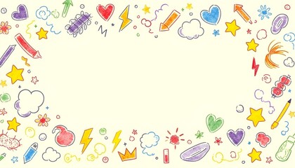 Colorful hand-drawn doodle set with arrows, hearts, stars, clouds, and crowns on beige background. Crayon-style symbols in vibrant, playful, childlike style for design or decor.