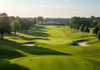 Golfers walking along lush fairways under a clear blue sky at the prestigious Oak Hill Club, surrounded by trees and strategically placed water hazards.