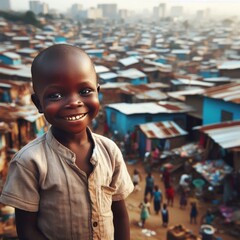 A joyful child with a wide smile stands proudly against the backdrop of a bustling urban community. The colorful houses and the warm, golden light add vibrancy to the image, perfect for depicting