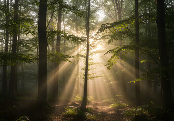 Fototapeta premium Enchanting Forest Landscape Sunbeams Piercing Through Trees, Nature, Sunlight, Woods, Trail.