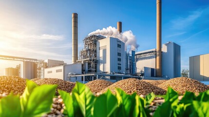 Obraz premium Biomass energy plant with wood pellets and green foliage showing renewable process
