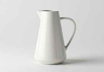 A simple white ceramic pitcher with a handle on a plain white background in a studio setting