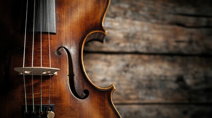 A close-up bowed string instrument with elegant tuning pegs, set against weathered wooden backdrop, soft shadows enhancing intricate details