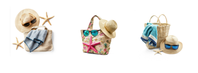 Collection of Beach bag with towel starfish straw hat and sunglasses, travel holiday concept top view isolate on transparent background