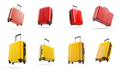 Collection of Yellow and Red suitcase flying isolate on transparent background