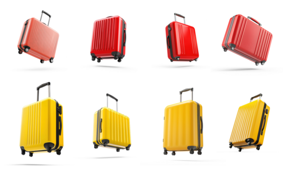 Collection of Yellow and Red suitcase flying isolate on transparent background