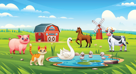 Farm with swan, cat, pig, horse, and cow around pond and barn. Vector cartoon illustration