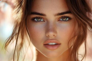 Obraz premium Commercial ad conceptual art. Gorgeous caucasian young woman surrounded by cherry blossoms. Spring mood, golden hour in sunset. Commercial springtime portrait with woman and blossoms.