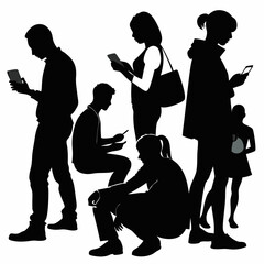 A black and white image of people walking and texting on a white background | Premium AI-generated vector
