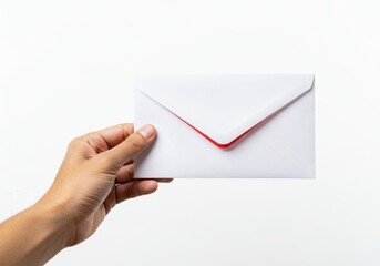 A hand holding a white envelope with a red lining against a plain white background in a studio shot