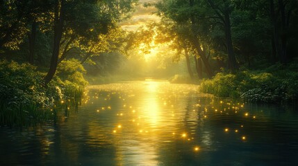 Fototapeta premium Golden hour on a serene river flowing through a lush, sun-drenched forest