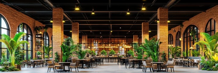 Industrial-chic restaurant with lush greenery