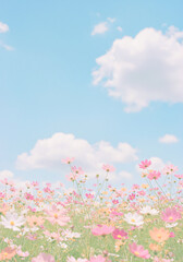 Fototapeta premium 色とりどりのコスモスの花が咲く淡いドーンの風景：縦構図