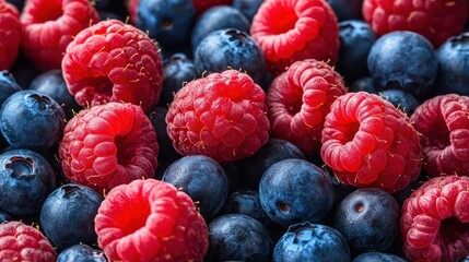 Closeup of Vibrant Raspberries and Blueberries Displaying Freshness and Texture