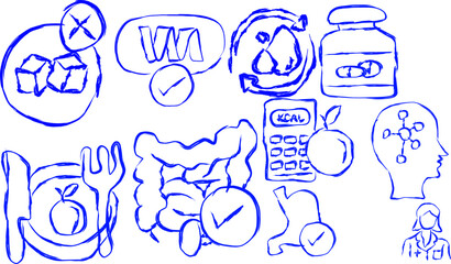 Collection of nutrition icons in doodle style. icons Nutritionist, psychology, diet, sugar free, icons. Collection of doodle icons