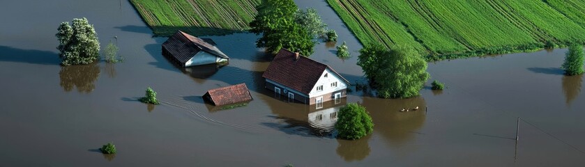 Naklejka premium Aerial view of flooded fields and submerged houses, illustrating the impact of severe flooding on rural landscapes.