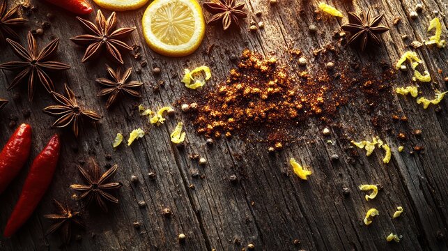 A dramatic moody-lit setting featuring whole star anise, crushed chili flakes, dried lemon zest, finely ground cumin forming unique patterns weathered wooden surface