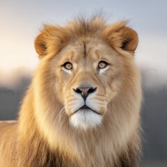 Obraz premium A majestic lion gazes intensely, showcasing its powerful features and distinctive mane against a soft, blurred background.