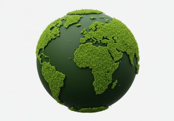 A green globe with grass continents against a white background in a studio setting close up view