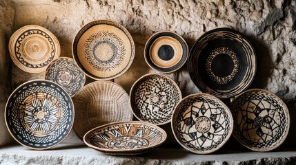 A collection decorative woven baskets with intricate ethnic patterns, artistically displayed against neutral stone wall, with dramatic lighting enhancing cultural significance
