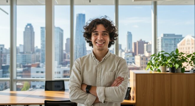 Portrait of smiling man with curly hair in office with cityscape view behind him with arms crossed