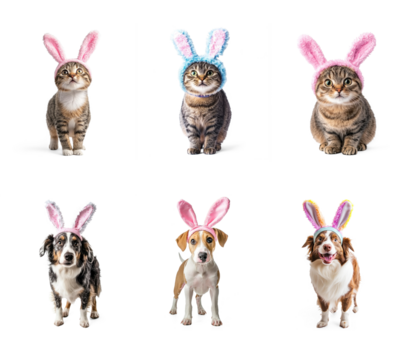 Collection of dog and cat standing with Bunny Ears headband, easter concept isolate on transparent background
