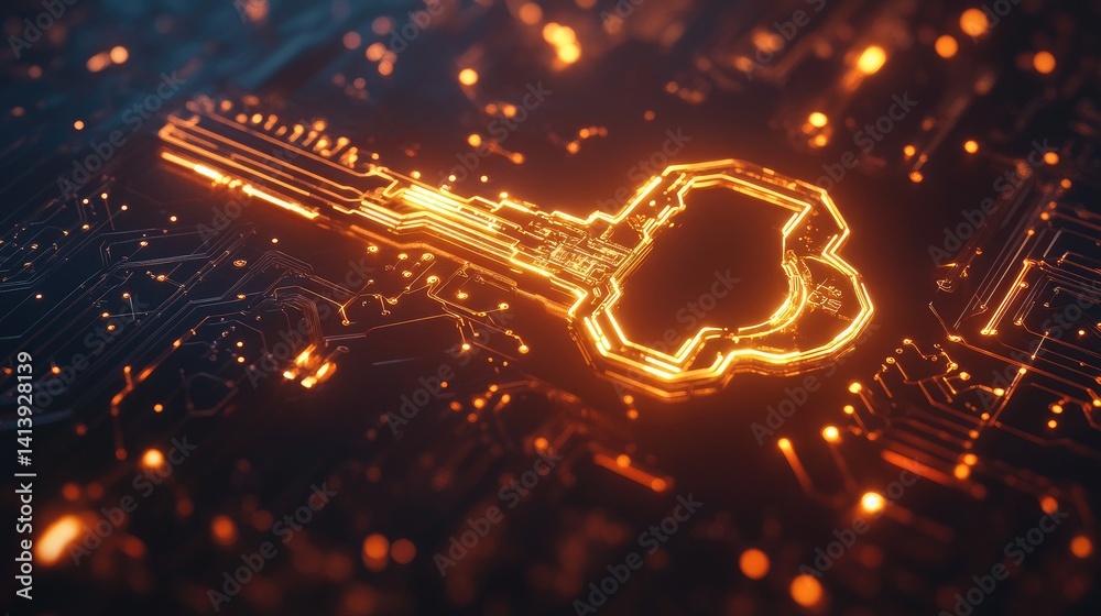 Poster floating key over circuit pattern background, symbolizing password security and safe access