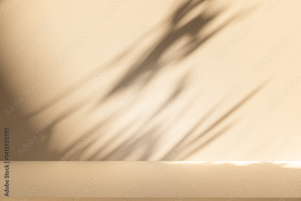 Aufkleber Studio style background wall decoration presentation uses white and beige tones. with shadows cast from a nearby window, concept creating a decorative backdrop.	
