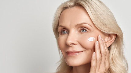 Smiling senior woman applying moisturizing cream on face