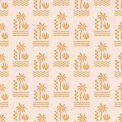 Abstract summer seamless pattern with palms and waves. Vector modern tropical checkered background. Fabric textile print. Surface cover design.