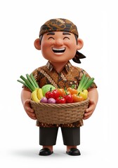 Happy Character Holding Basket of Fresh Produce