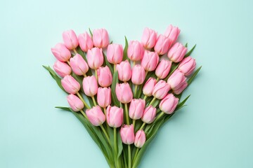 Obraz premium heart made out of pink tulips on a blue background