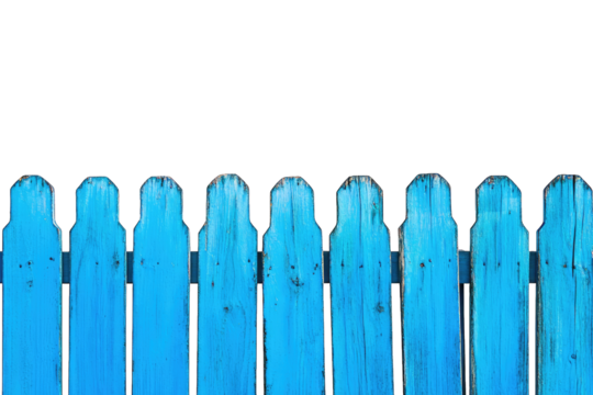 a vibrant blue wooden fence against a bright white background creating a striking visual contrast the fence's weathered texture adds character making it suitable for decorative or illustrative purpose