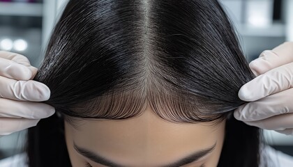 Fototapeta premium Medtech Hair Analysis Gloved Hands Examine Scalp and Dark Hair