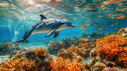 Obraz premium Dolphin swimming in clear ocean water near coral reefs and fish