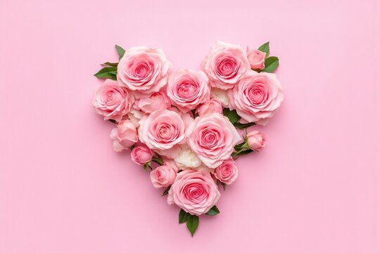 heart shaped arrangement of pink roses on a pink background