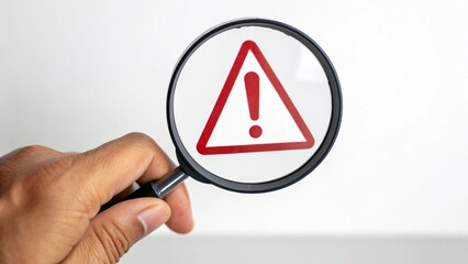 Hand holding magnifier glass with red triangle caution warning sign for focus notification error